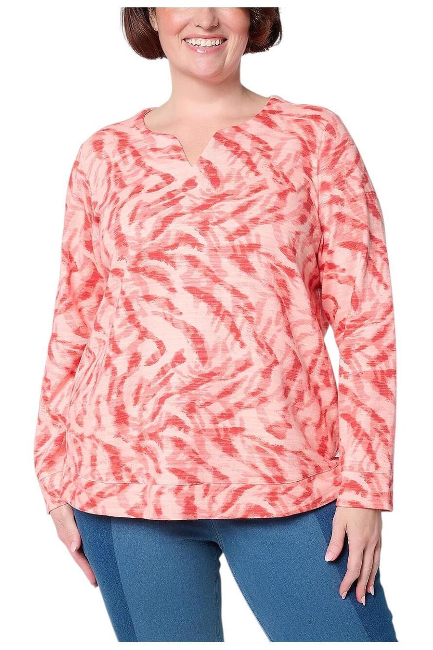 Denim & Co. Women's Printed Textured Cotton Split Neck Pullover Peach - Regular
